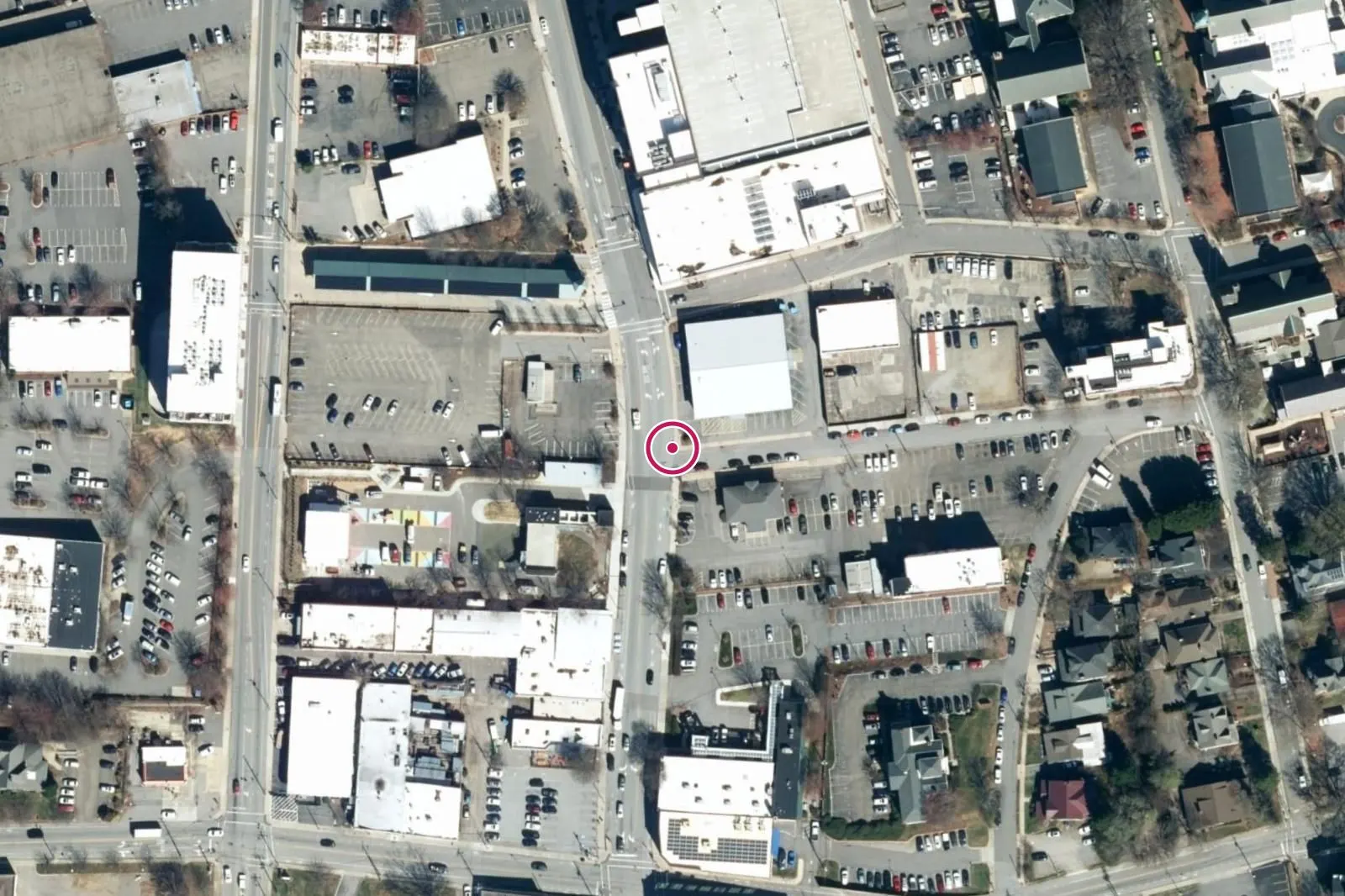 Aerial view around 50 Coxe Ave., with a circle at the address.