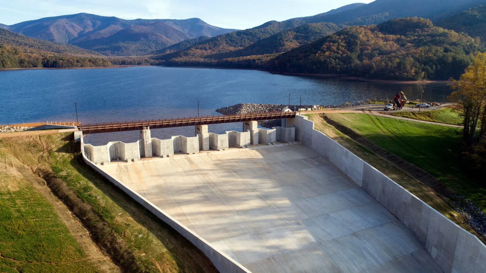 The North Fork Dam auxiliary spillway at Burnett Reservoir (City media caption: "One aspect of the North Fork Dam Improvement Project is the